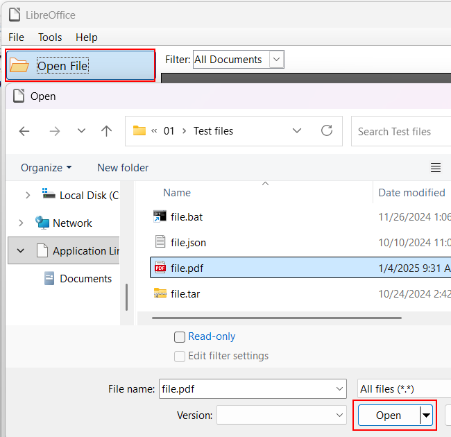 Open a PDF file in LibreOffice