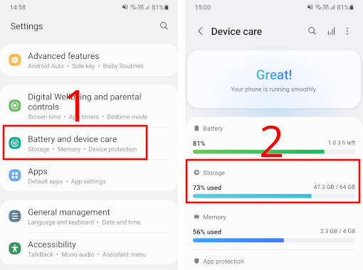 Open Battery and device care and Storage settings on a Samsung Galaxy