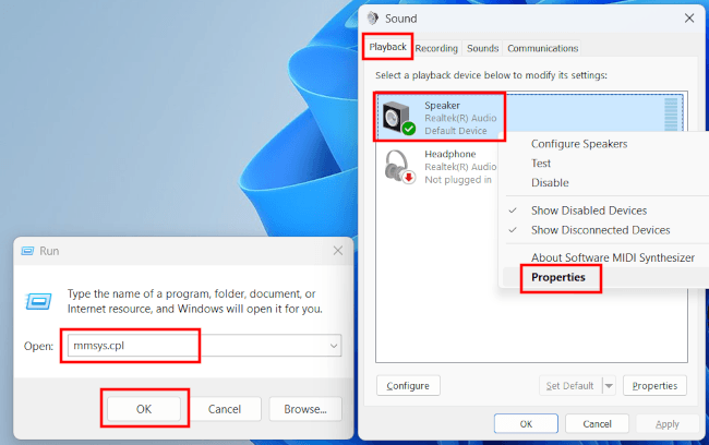Open default playback device properties