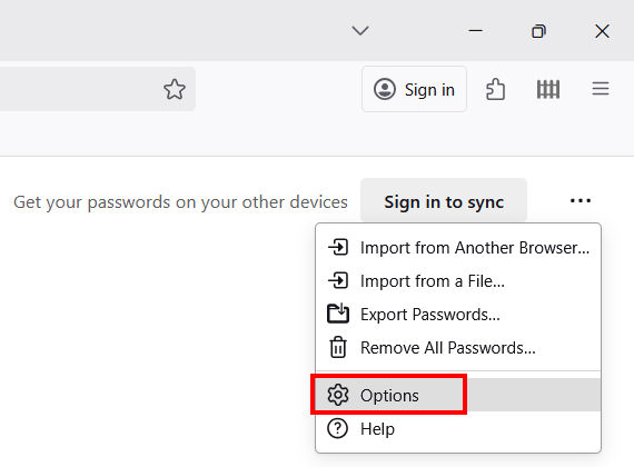 Open Firefox password manager options
