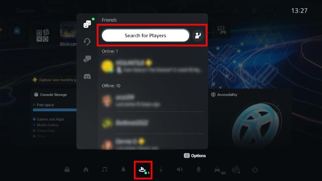 Open Game Base and search for players on a PS5