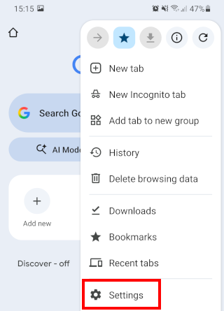 Open Google Chrome for Android settings