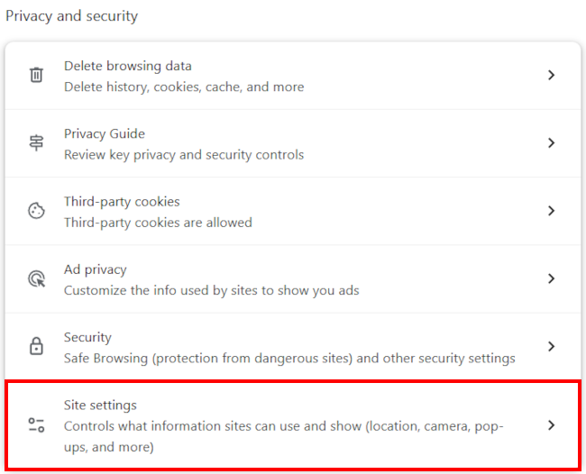 Open Google Chrome site settings