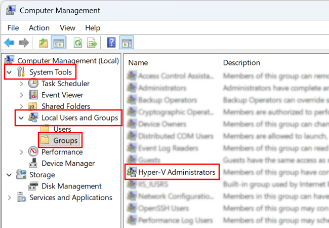 Open Hyper-V Administrators settings in Windows Computer Management