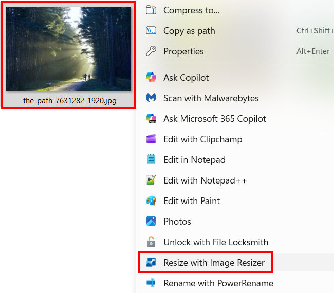 Open image with Image Resizer