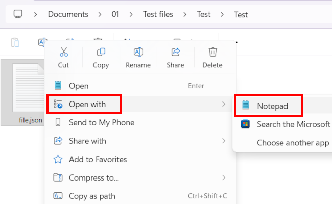 Open a JSON file in Windows with Notepad