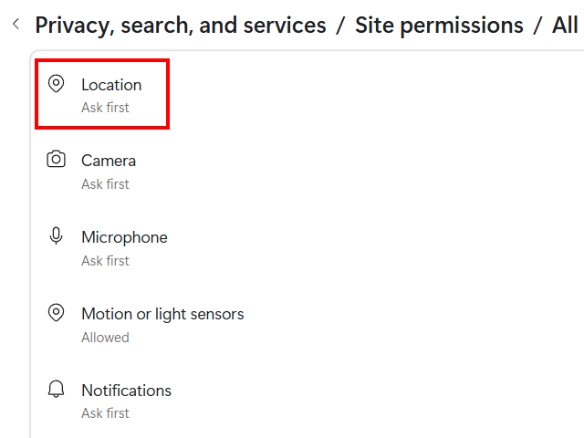 Open Microsoft Edge location settings