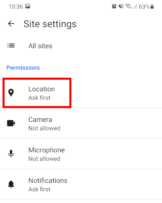 Open Microsoft Edge location settings on Android
