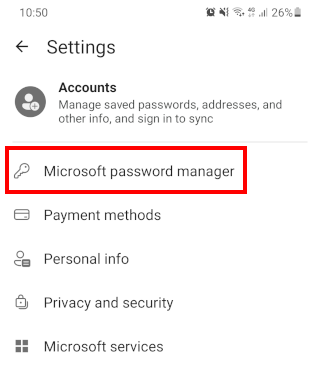 Open Microsoft password manager on Android