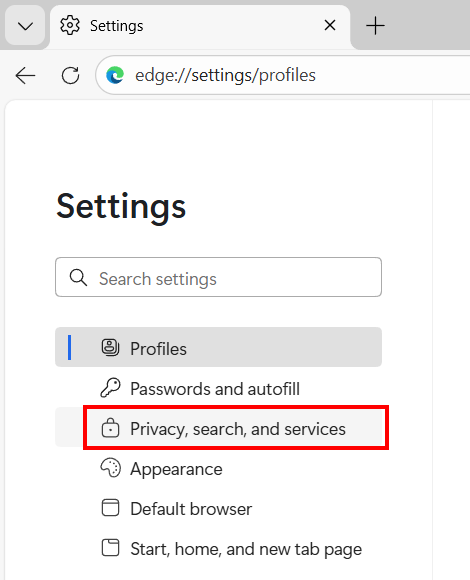 Open Microsoft Edge Privacy, search, and services settings
