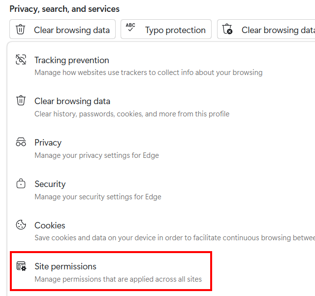 Open Microsoft Edge Site permissions