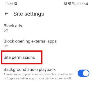 Open Microsoft Edge site permissions on Android