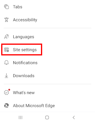 Open Microsoft Edge site settings on Android