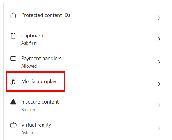 Open Microsoft Edge Media autoplay settings