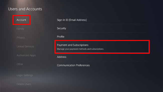 Open Payment and Subscriptions settings on PS5