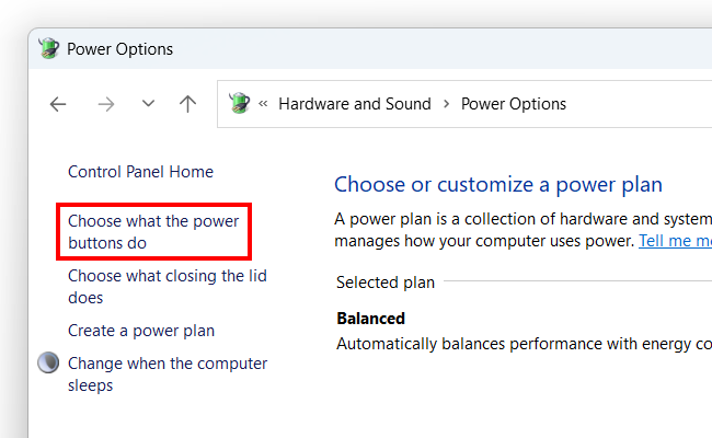 Open power buttons settings
