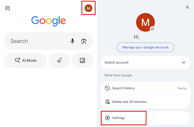 Open Settings in Google app