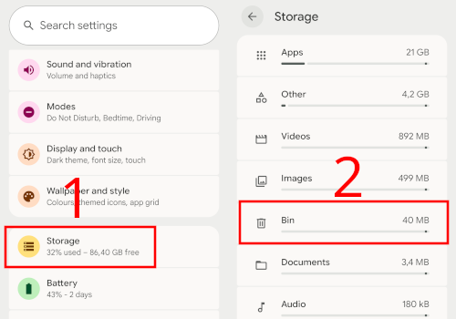 Open Storage and Bin settings on a Google Pixel