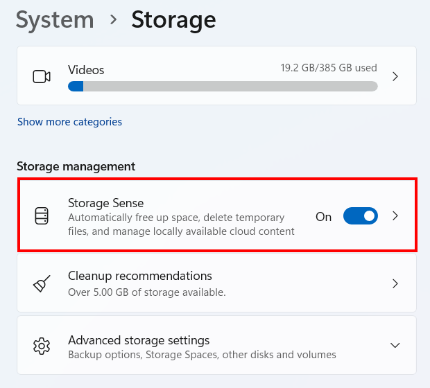 Open Storage Sense settings in Windows 11