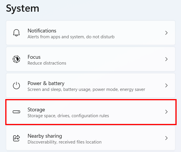 Open storage settings in Windows 11