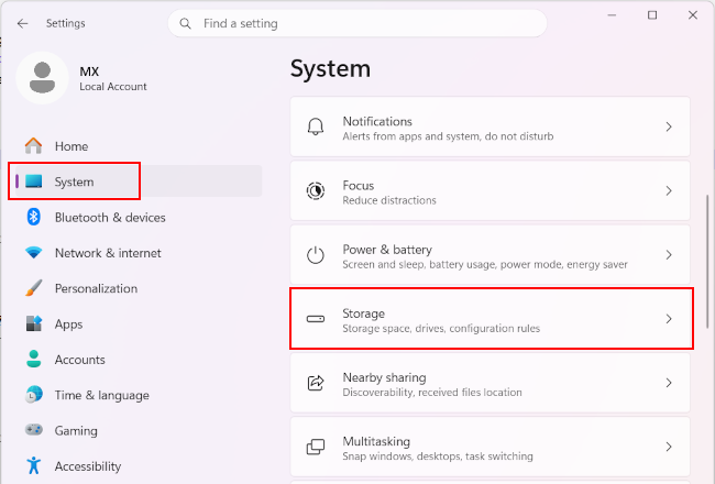Open storage settings in Windows 11