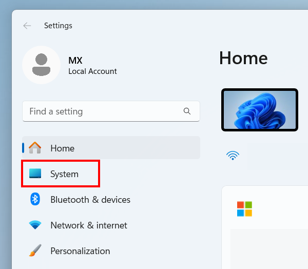 Open system settings in Windows 11