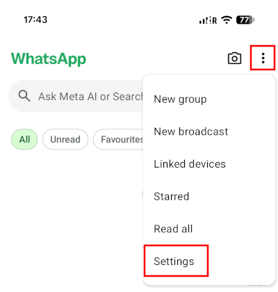 Open WhatsApp settings on Android