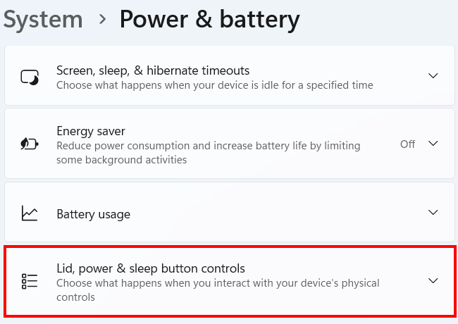 Open Windows 11 Lid, power and sleep button controls