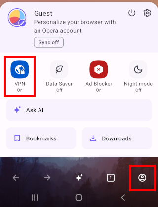 Toggling the built-in free browser VPN switch inside the Opera application settings menu on an Android phone