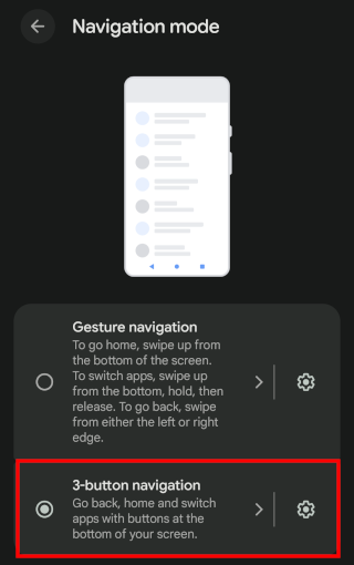 Selecting 3-button navigation mode on Google Pixel