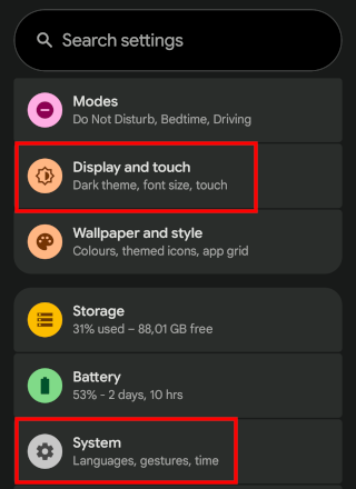 Selecting System or Display &amp; touch options in Google Pixel settings