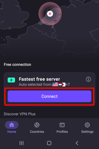 Clicking the Quick Connect option inside the free ProtonVPN application on Android