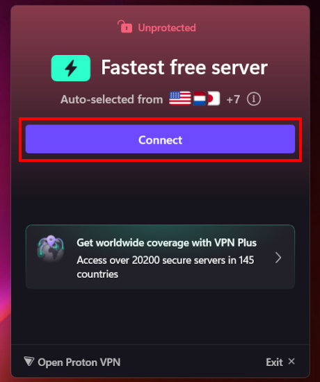 Clicking the Quick Connect option inside the free ProtonVPN desktop application on Windows 11