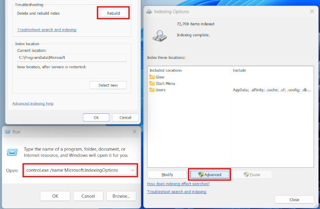 Rebuild Windows Search Index in Indexing Options