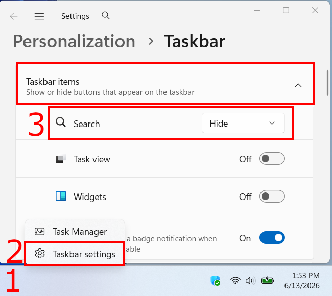 How to remove the search bar or icon from the Windows 11 taskbar