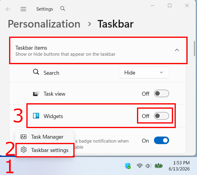 How to remove widgets from the Windows 11 taskbar
