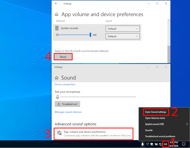 Reset sound devices and volumes in Windows 10 App volume and device preferences