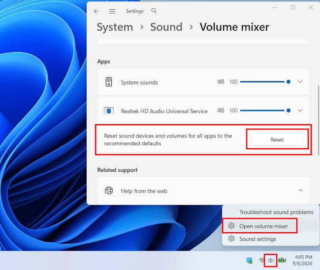Reset sound devices and volumes in Windows 11 Volume Mixer