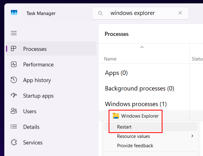 Restarting Windows Explorer process in Task Manager