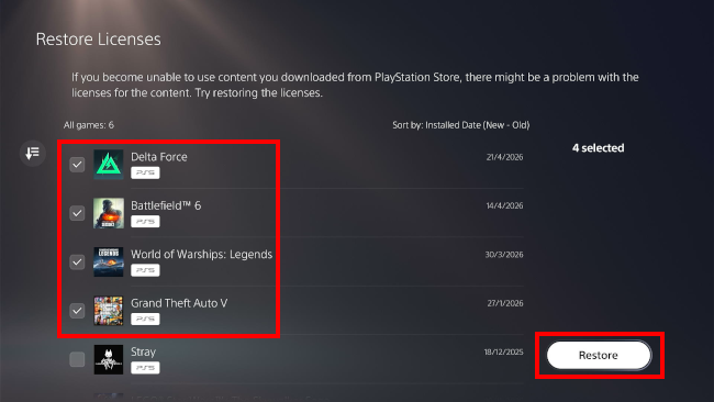 Restore licenses on PS5