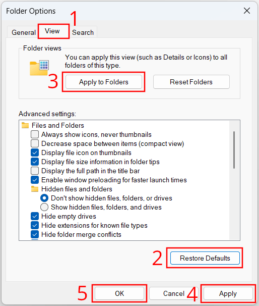 Restore Windows File Explorer settings to default