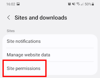 Samsung Internet Site permissions