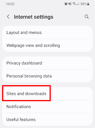 Samsung Internet Sites and downloads settings