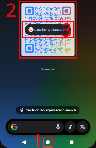 Circle to Search highlighting a QR code on an Android screen and displaying a clickable link pop-up