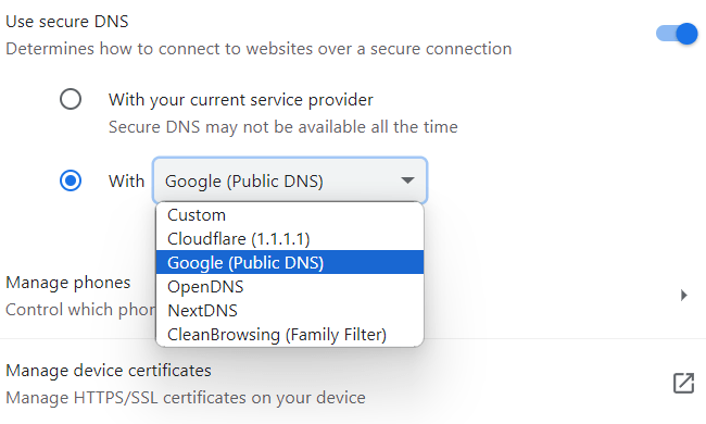 unblock websites Select a DNS service provider in Google Chrome