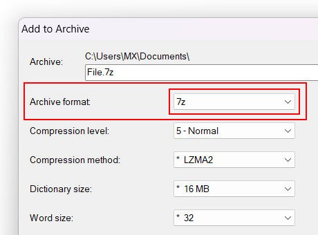 Set archive format in 7-Zip