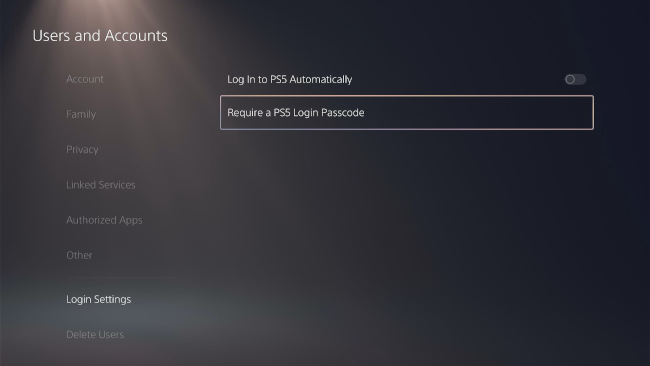 The PS5 Login Settings menu screen highlighting the Require a PS5 Login Passcode option to lock the console.