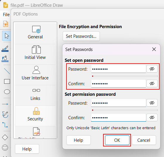 Set passwords in LibreOffice