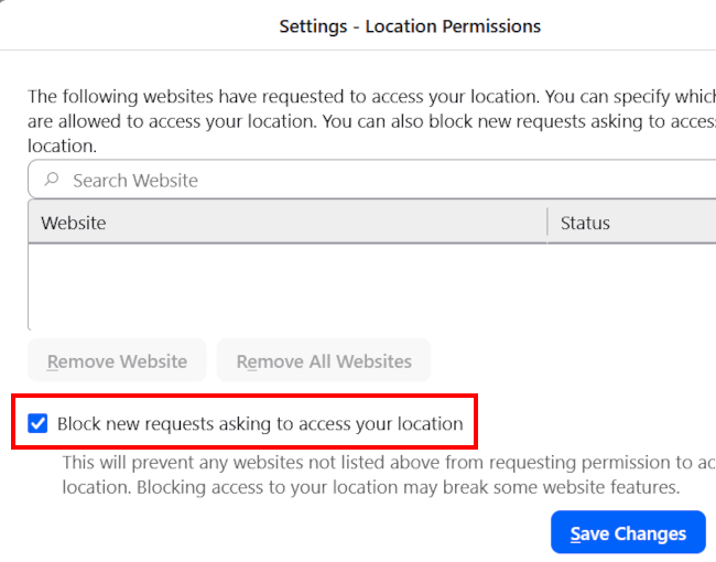 Stop websites from asking for your location in Firefox on a computer