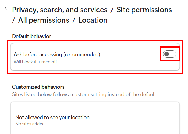 Stop websites from asking for your location in Microsoft Edge on a computer